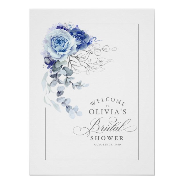 Poster Dusty Blue and Silver Bridal Shower Welcome (Devant)