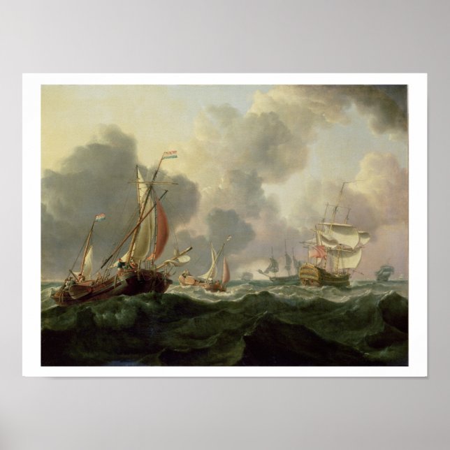 Poster Dutch Pinks and a British Frigate in Choppy Seas (Devant)
