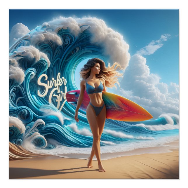 Poster Dynamic Surfer Girl Walking Beach Waves Art (Devant)