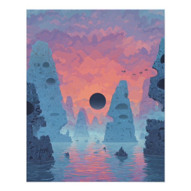 Poster Éclipse indigo sur paysage de rêve néon (Devant)