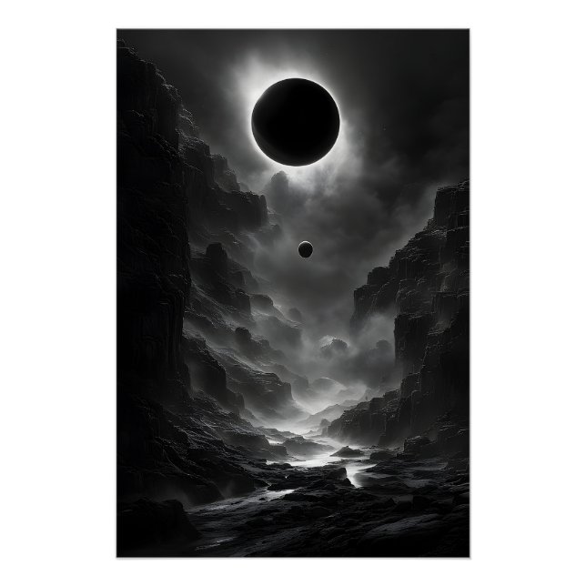 Poster Éclipse solaire noire et blanche à la nuit (Devant)