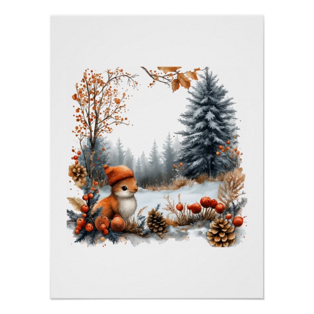Poster Écureuil d'hiver dans une forêt givré (Devant)