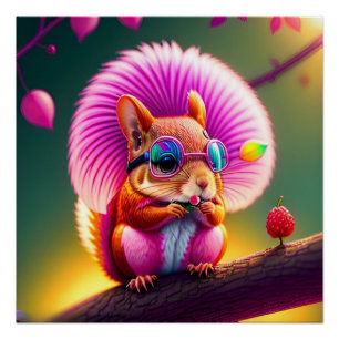 Poster Écureuil rose sur la branche