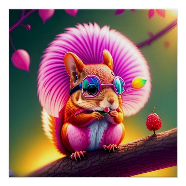 Poster Écureuil Rose Sur La Branche (Devant)