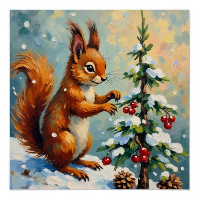 Poster Écureuil Rouge Vintage Arbre de Noël (Devant)