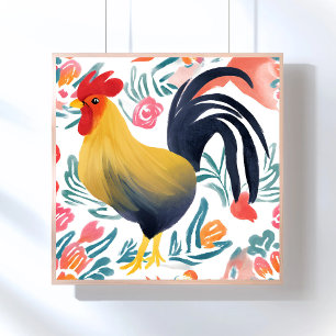 Poster Edna le coq   Aquarelle Floral Poulet