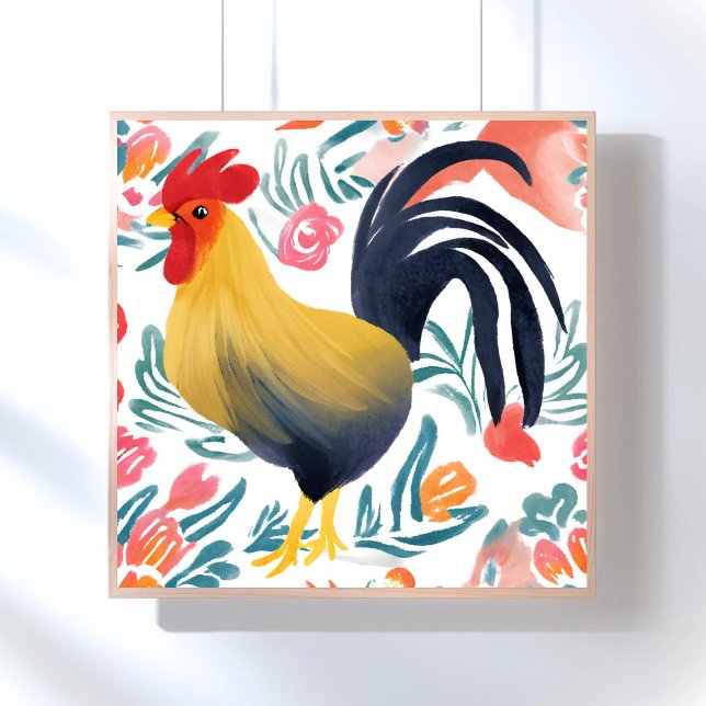 Poster Edna le coq | Aquarelle Floral Poulet (Créateur téléchargé)