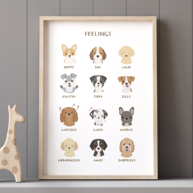 Poster éducatif Sentiments Graphique Enfants Décor (Explore a world of emotions with this adorable educational poster featuring cute dogs!)