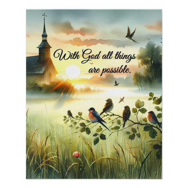 Poster Église au lever du soleil avec oiseaux dans une pr (Devant)