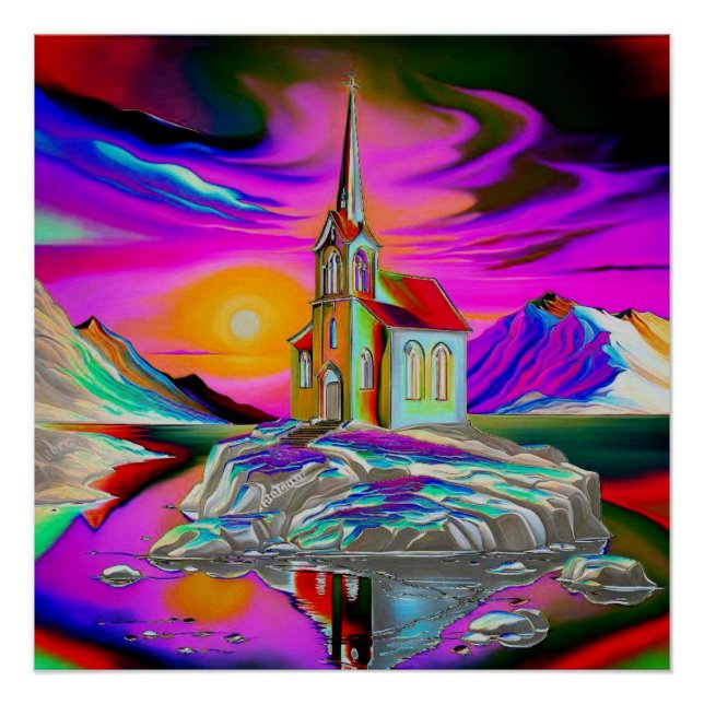 Poster Église dans le paysage psychédélique 1 (Devant)