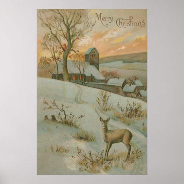 Poster Église de cerfs de champ d'hiver neige (Devant)