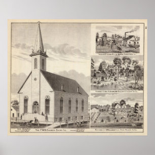 Poster Église, résidences et moulin flouring