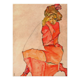 Poster Egon Schiele - Kneeling Femme En Robe Rouge Orange