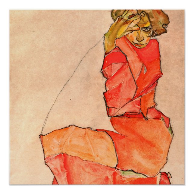 Poster Egon Schiele - Kneeling Femme En Robe Rouge Orange (Devant)