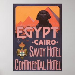 Poster Egypt Cairo Savoy Hotel Continental Hotel, Vintage