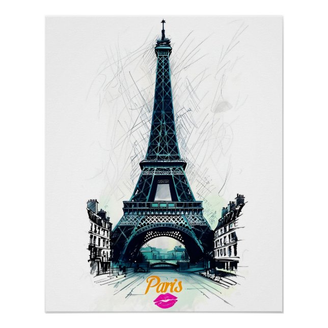 Poster Eiffel Tower Sketch Print, Line Drawing, Paris (Devant)