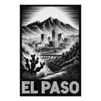 El Paso Texas Skyline Noir et Blanc Gravure sur Bo