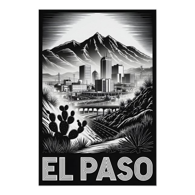 Poster El Paso Texas Skyline Noir et Blanc Gravure sur Bo (Devant)