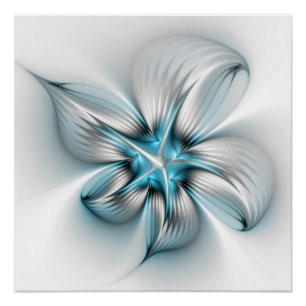 Poster Élégance florale Art fractal bleu abstrait moderne
