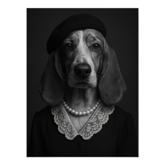 Poster Elegant Basset Hound Lady with Beret and Pearl (Devant)
