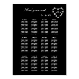 Poster Elegant Black Floral Heart 12 Tables Wedding Seati