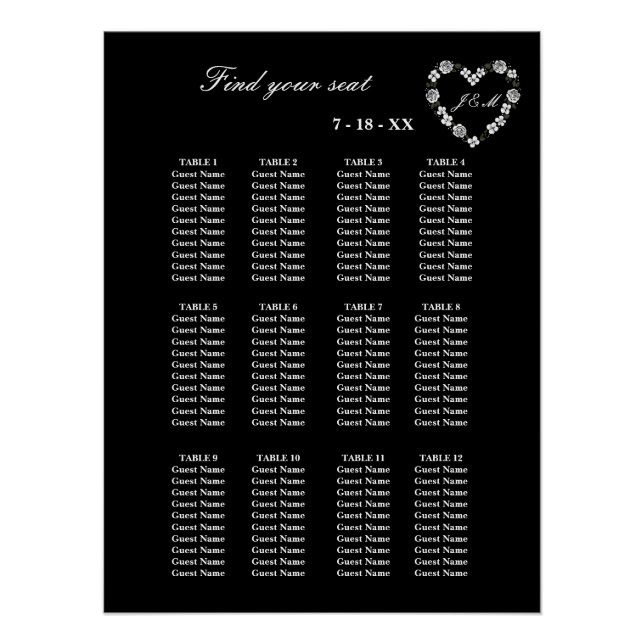 Poster Elegant Black Floral Heart 12 Tables Wedding Seati (Devant)