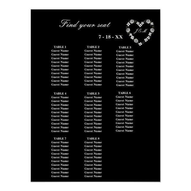 Poster Elegant Black Floral Heart 8 Tables Wedding Seatin (Devant)
