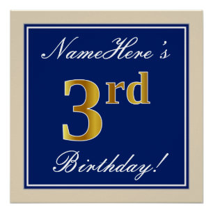 Poster Elégant, Bleu, Faux Gold 3ème anniversaire; Nom pe