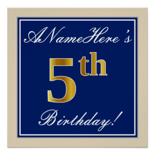 Poster Elégant, Bleu, Faux Gold 5e anniversaire; Nom pers