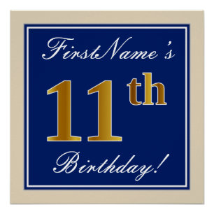 Poster Elégant, Bleu, Faux Or 11ème Anniversaire + Nom