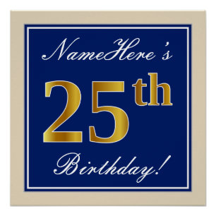 Poster Elégant, Bleu, Faux Or 25ème Anniversaire + Nom