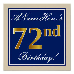 Poster Elégant, Bleu, Faux Or 72ème Anniversaire + Nom