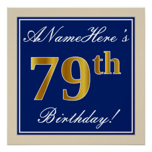 Poster Elégant, Bleu, Faux Or 79ème Anniversaire + Nom