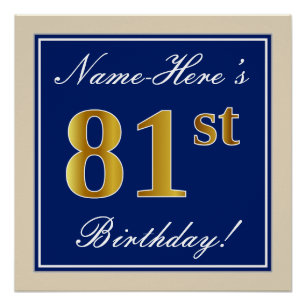 Poster Elégant, Bleu, Faux Or 81ème Anniversaire + Nom
