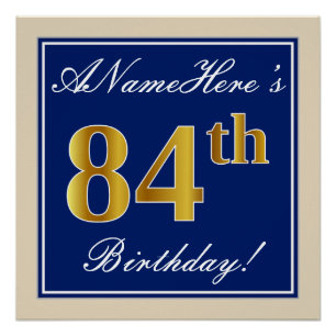 Poster Elégant, Bleu, Faux Or 84ème Anniversaire + Nom