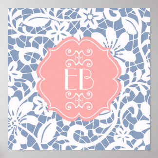 Poster Elégant bleu Vintage dentelle Personnalisé Monogra