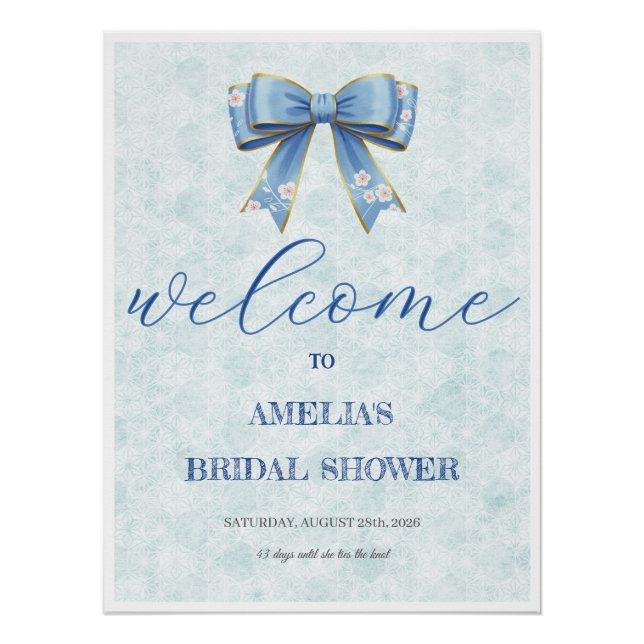 Poster Elegant Blue Bow Engagement Party Invitation (Devant)