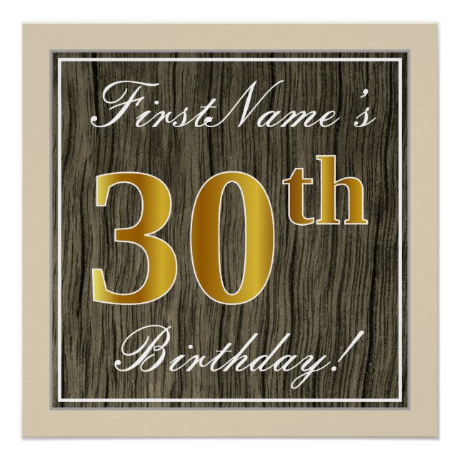 Poster Élégant, Bois Faux, Or Faux 30e Anniversaire + Nom (Devant)