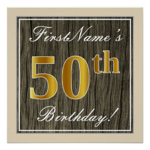 Poster Élégant, Bois Faux, Or Faux 50e Anniversaire + Nom