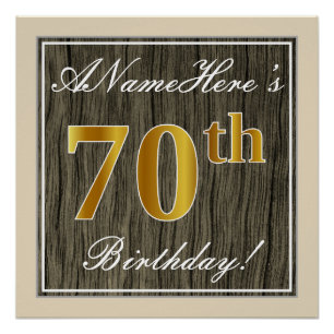Poster Élégant, Bois Faux, Or Faux 70e Anniversaire + Nom