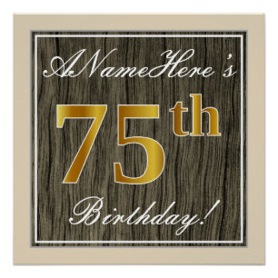 Poster Élégant, Bois Faux, Or Faux 75e Anniversaire + Nom