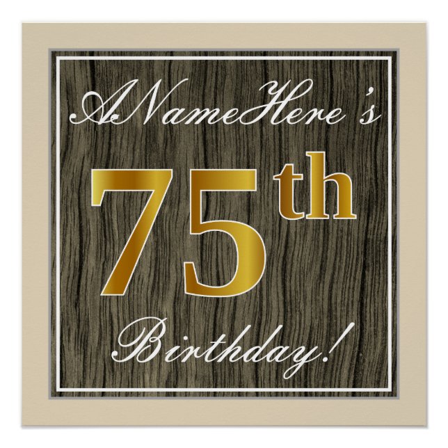 Poster Élégant, Bois Faux, Or Faux 75e Anniversaire + Nom (Devant)