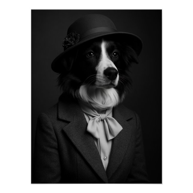 Poster Elegant Border Collie in Cloche Hat & Bow (Devant)