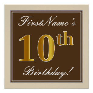 Poster Elégant, Brown, Faux Gold 10e anniversaire + Nom