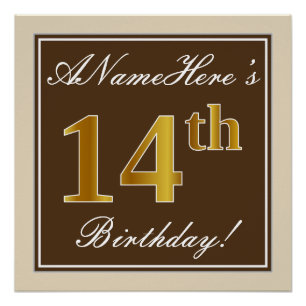 Poster Elégant, Brown, Faux Gold 14ème anniversaire + Nom