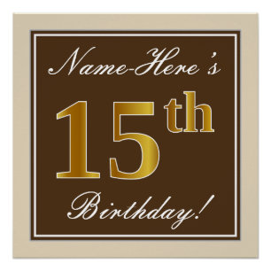 Poster Elégant, Brown, Faux Gold 15ème anniversaire + Nom