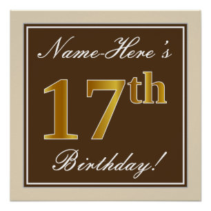 Poster Elégant, Brown, Faux Gold 17ème anniversaire + Nom