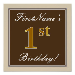 Poster Elégant, Brown, Faux Gold 1er anniversaire + Nom