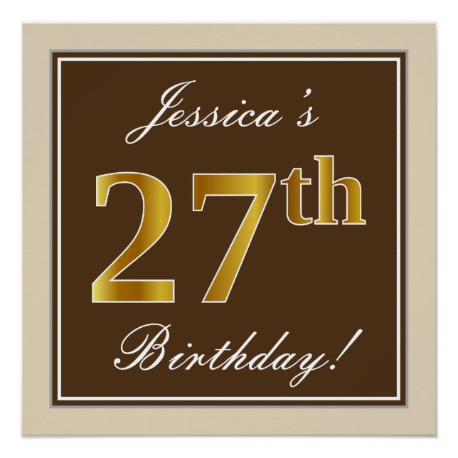 Poster Elégant, Brown, Faux Gold 27ème anniversaire + Nom (Devant)