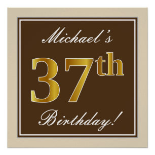 Poster Elégant, Brown, Faux Gold 37ème anniversaire + Nom